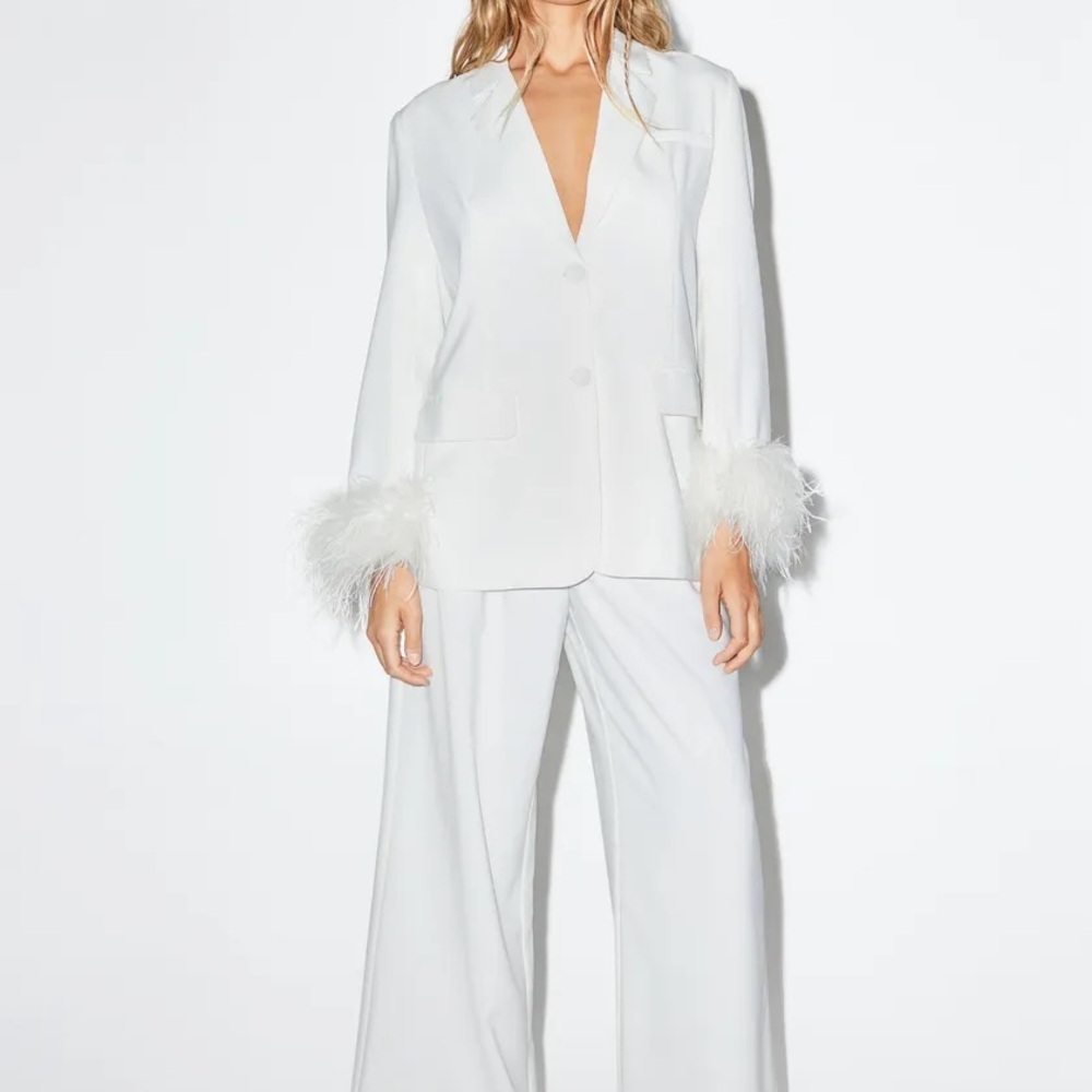 Nastygal - White Women's Blazer with Feather Details - Size 0